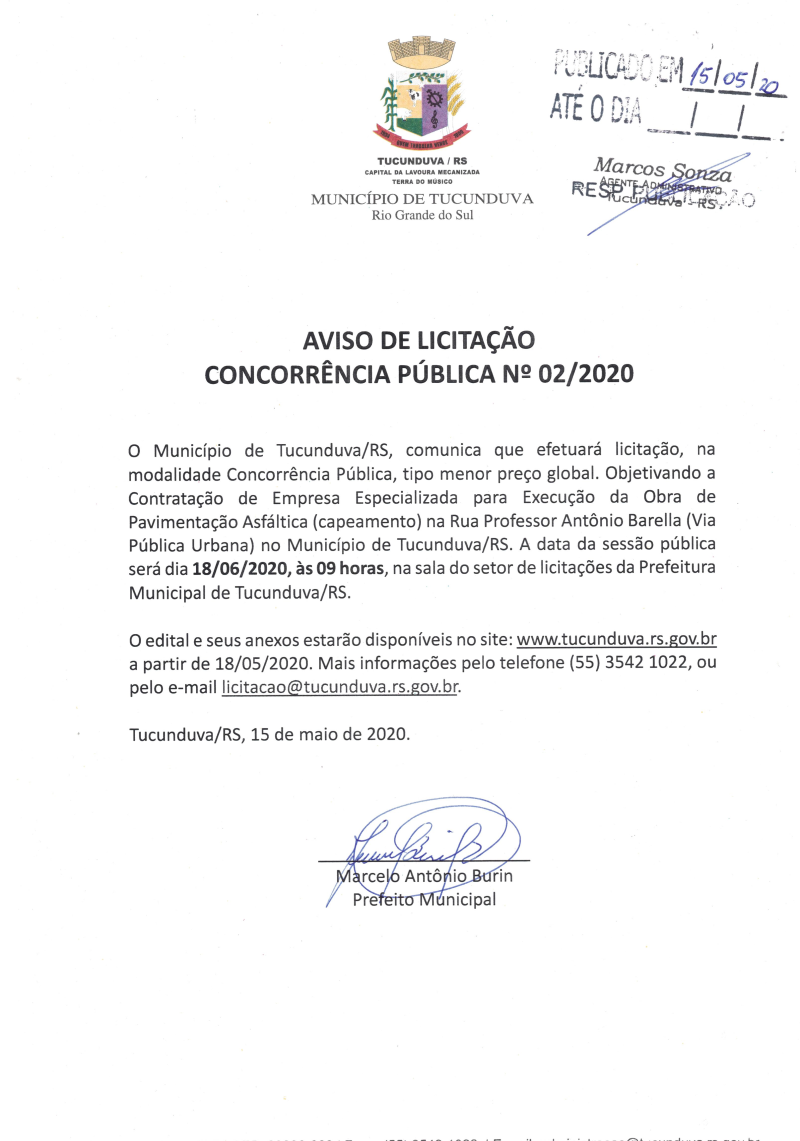 AVISO CNC Nº 02/2020 CAPEAMENTO RUA ANTÔNIO BARELLA